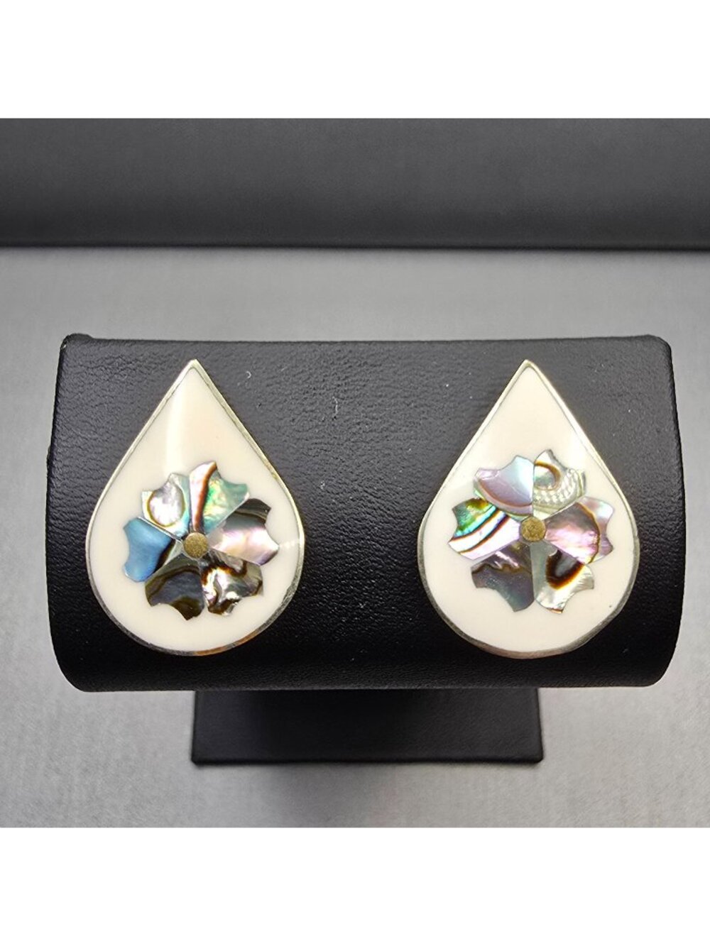 Vintage Alpaca Silver Abalone Enamel Drop Stud Earrings 1" Mexican